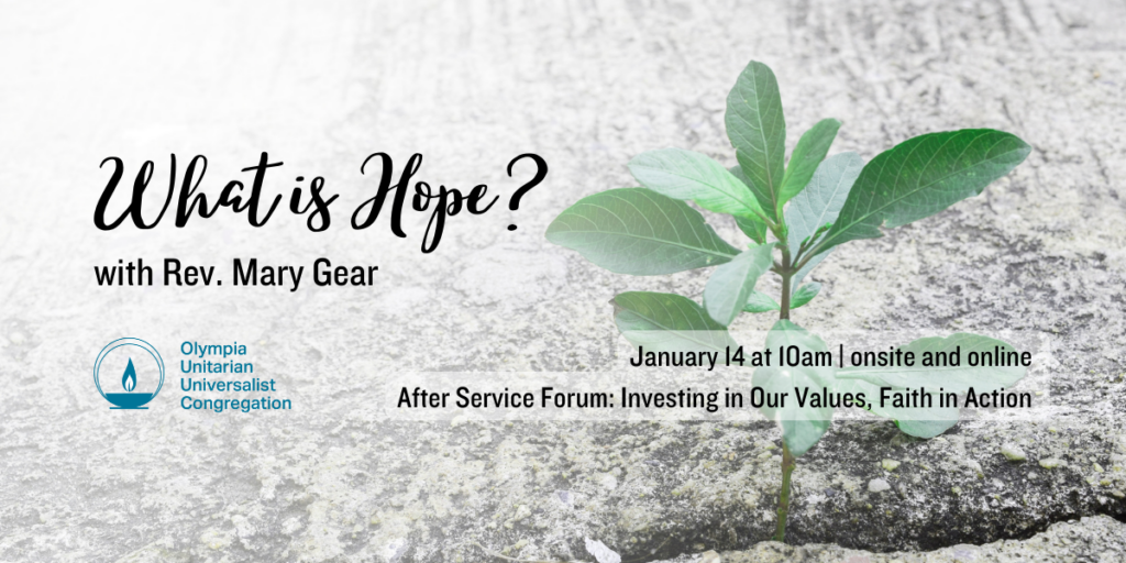 "What is Hope?" with Rev. Mary Gear. January 14 at 10am | onsite and online. After Service Forum: Investing in Our Values, Faith in Action