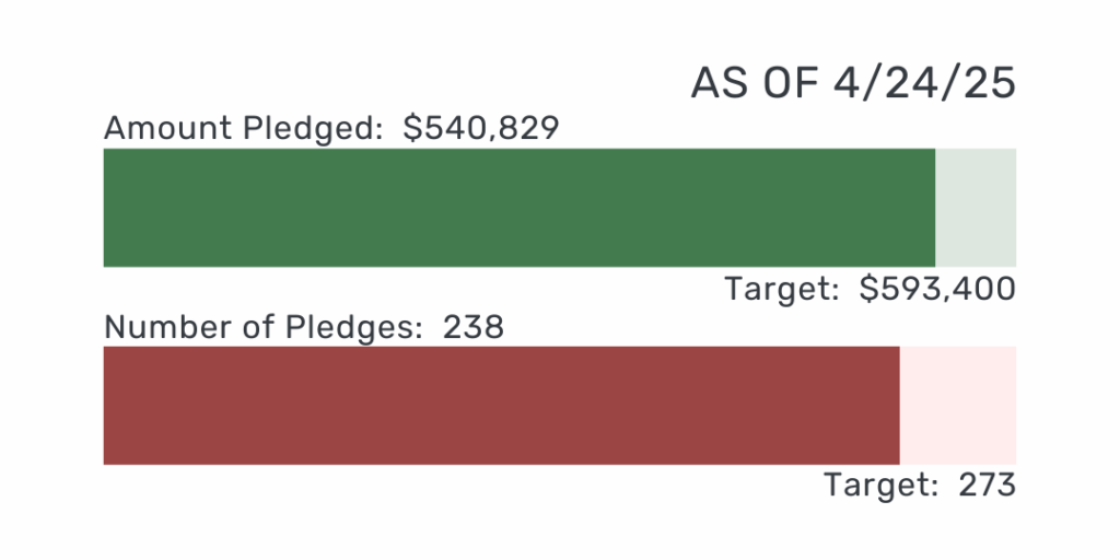 under the heading "as of 4/24/25," 2 progress bars indicate our stewardship drive's progress in terms of "amount pledged" (in green, currently 0,829 or 91.1% of Target: 3,400) and "number of pledges" (in red, currently 238 or 87.2% of Target: 273)
